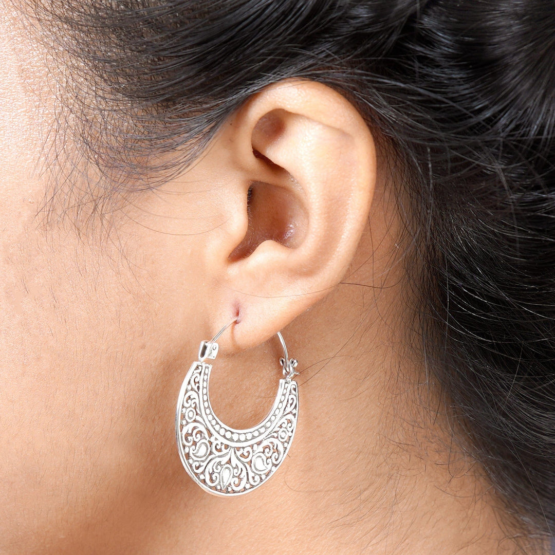 Ornately Detailed Sterling Silver 925 Hoop Earrings - Garden of Eden