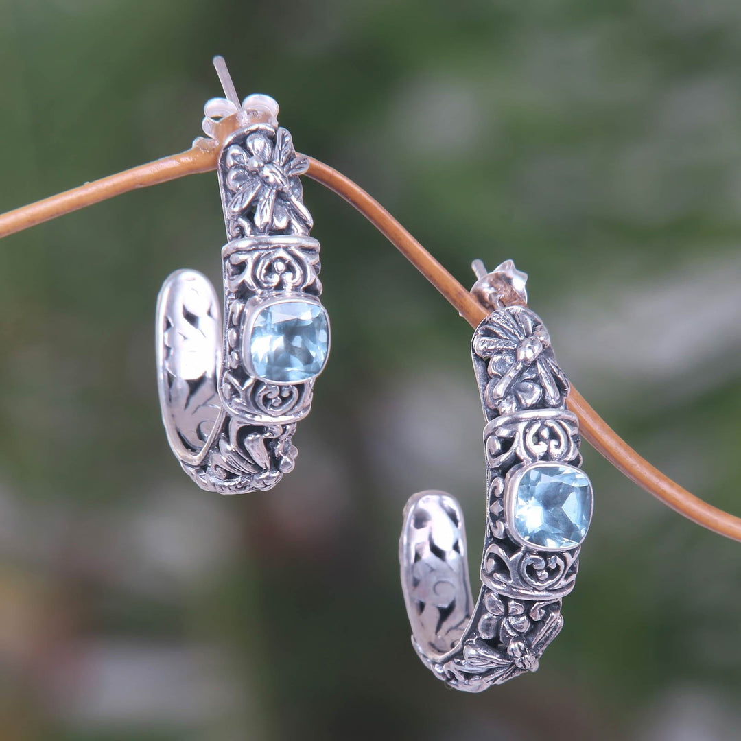 Blue Topaz Half Hoop Earrings in Sterling Silver - Frangipani Dragonflies