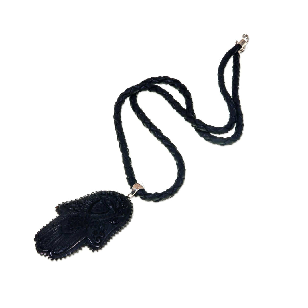 Artistic Hamsa Pendant Necklace in Horn and Black Leather - Hamsa Art