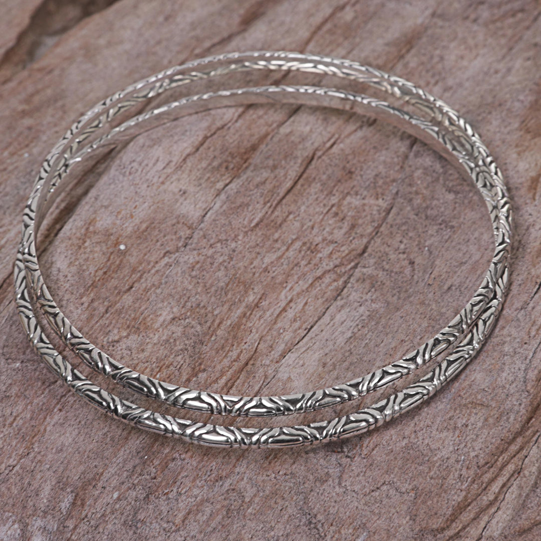 Two 925 Sterling Silver Handmade Engraved Bangles - Indonesian Moon