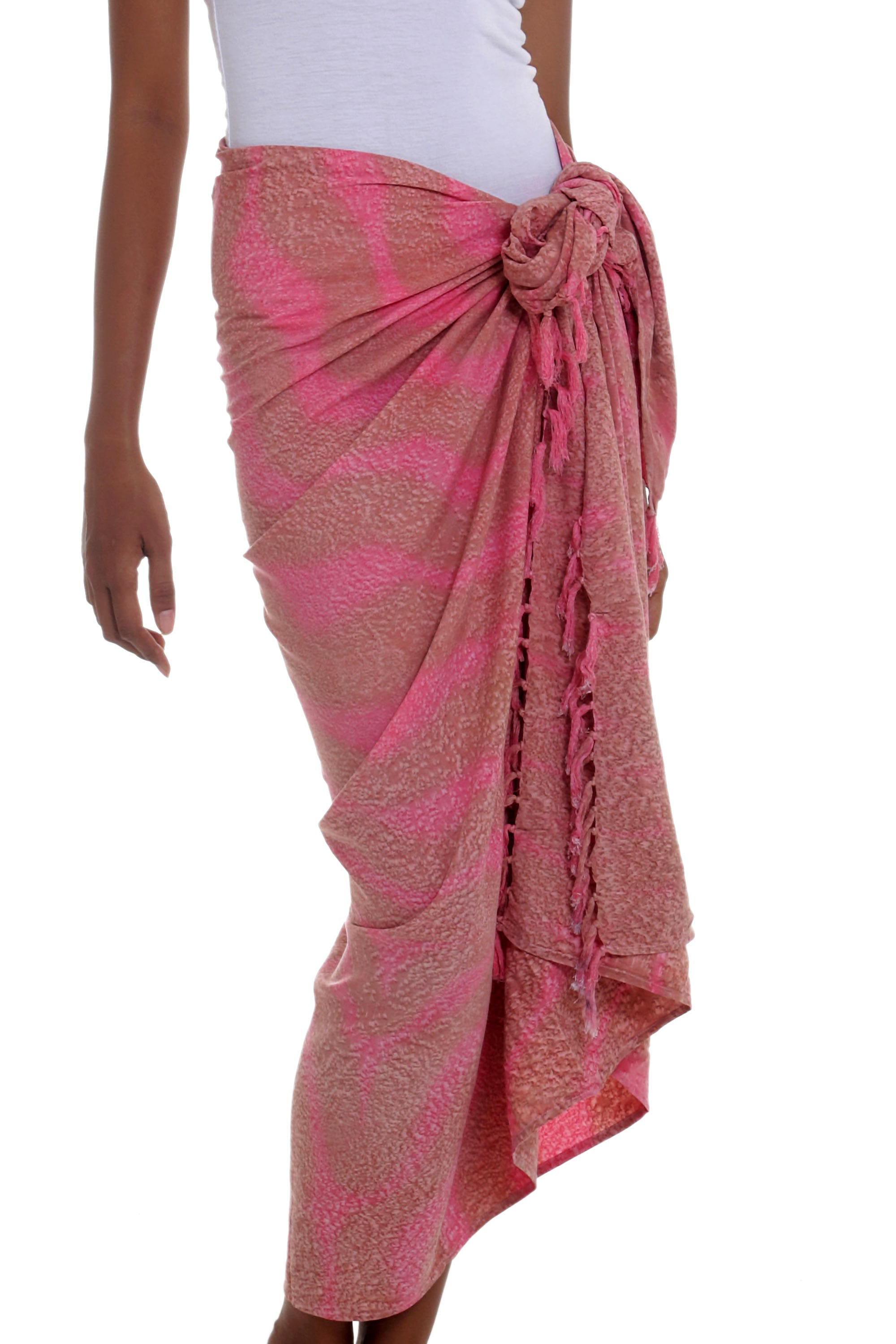 Handmade Pink and Brown Rayon Sarong from Indonesia - Coral Flow – GlobeIn