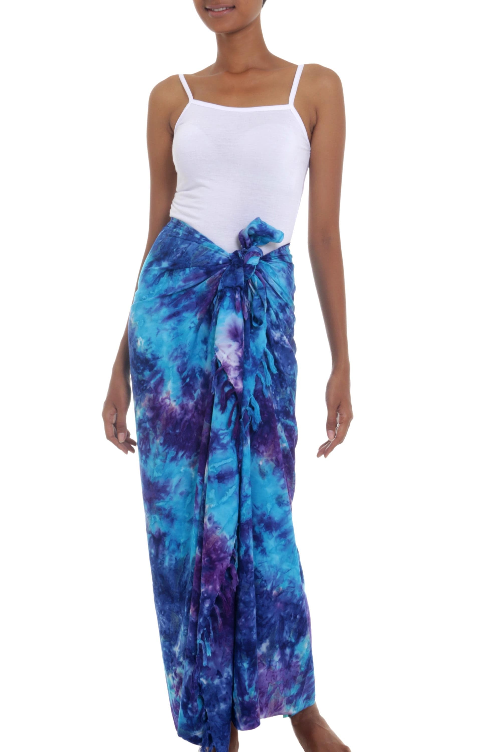 Rayon Tied Dyed Sarong in Assorted Shades of Blue and Purple - Sea Glass