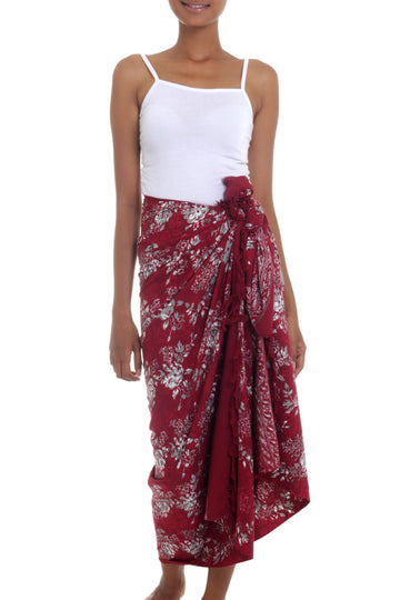 Red Floral Rayon Sarong with Hand Stamped Batik Pattern - Tropical Garden in Claret