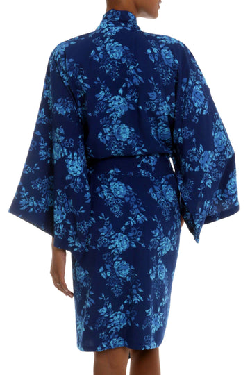 Blue Batik Flowers Rayon Short Cross Over Robe - Gorgeous in Cyan