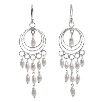 Sterling Silver and Cultured Pearl Chandelier Earrings - Moonlit Circles