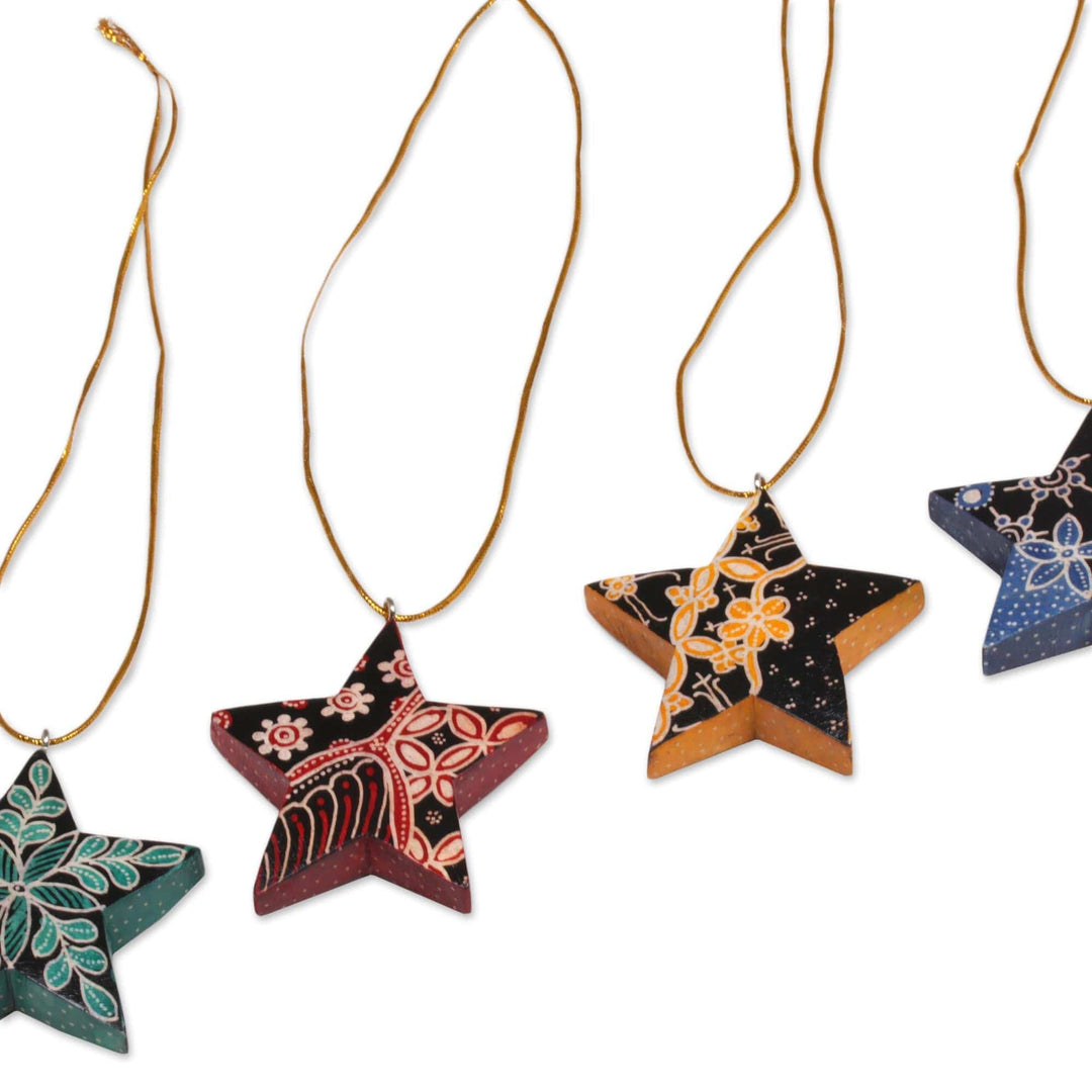 Four Batik Wood Star Ornaments by Artisans - Bali Stars