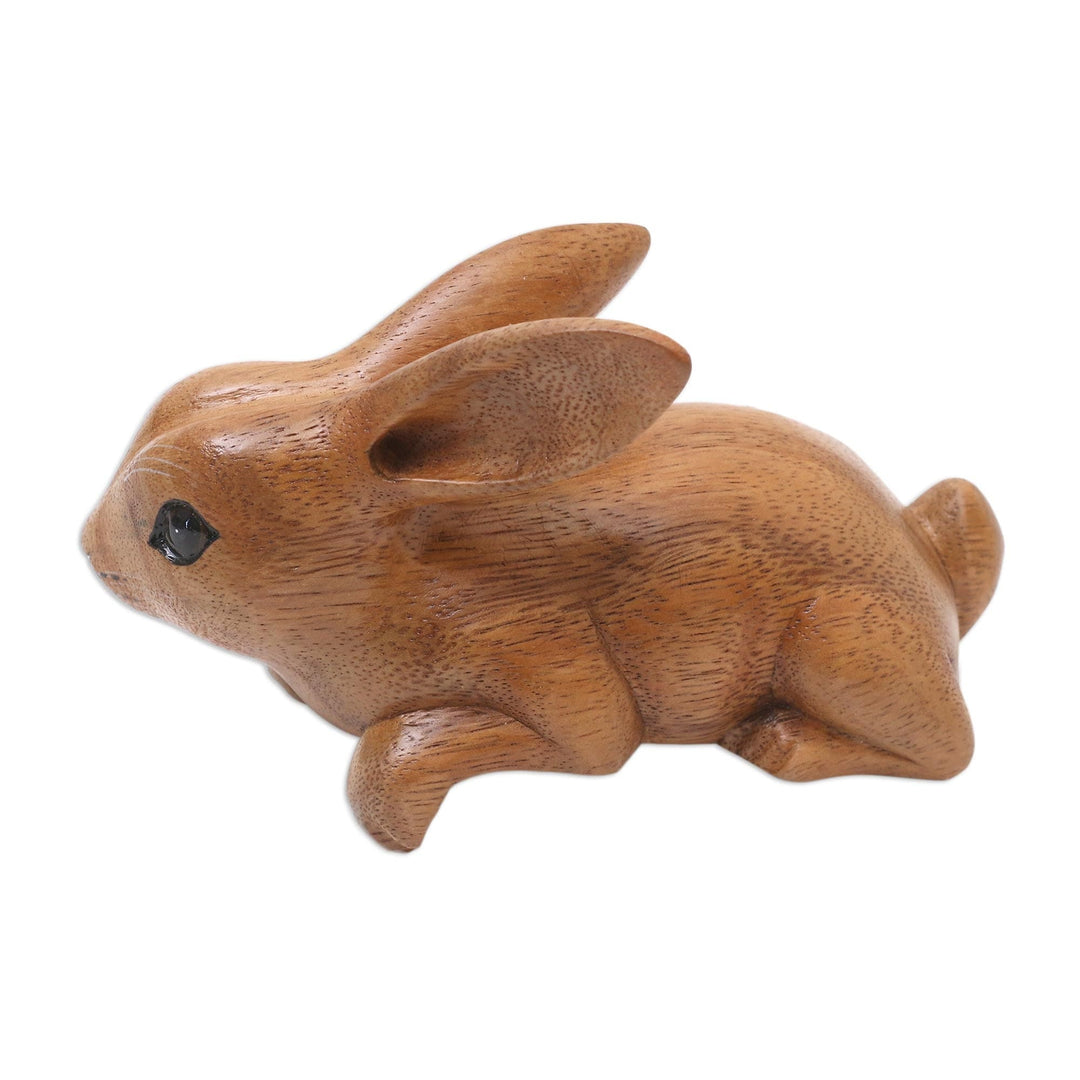 Handcrafted Suar Wood Rabbit Sculpture in Brown - Curious Rabbit in Brown