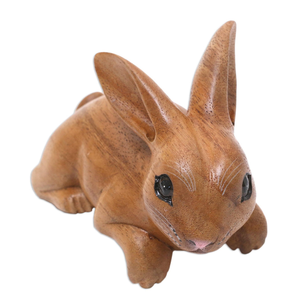 Handcrafted Suar Wood Rabbit Sculpture in Brown - Curious Rabbit in Brown