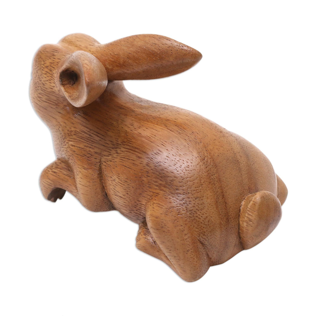 Handcrafted Suar Wood Rabbit Sculpture in Brown - Curious Rabbit in Brown