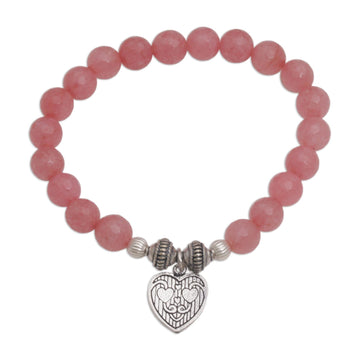Pink Agate and Heart Charm Beaded Bracelet - Sentimental Charm