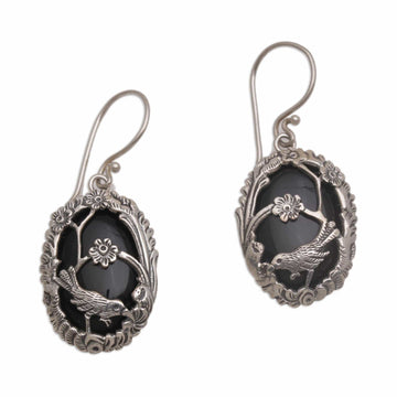 Onyx and Silver Bird-Themed Dangle Earrings - Avian Curiosity