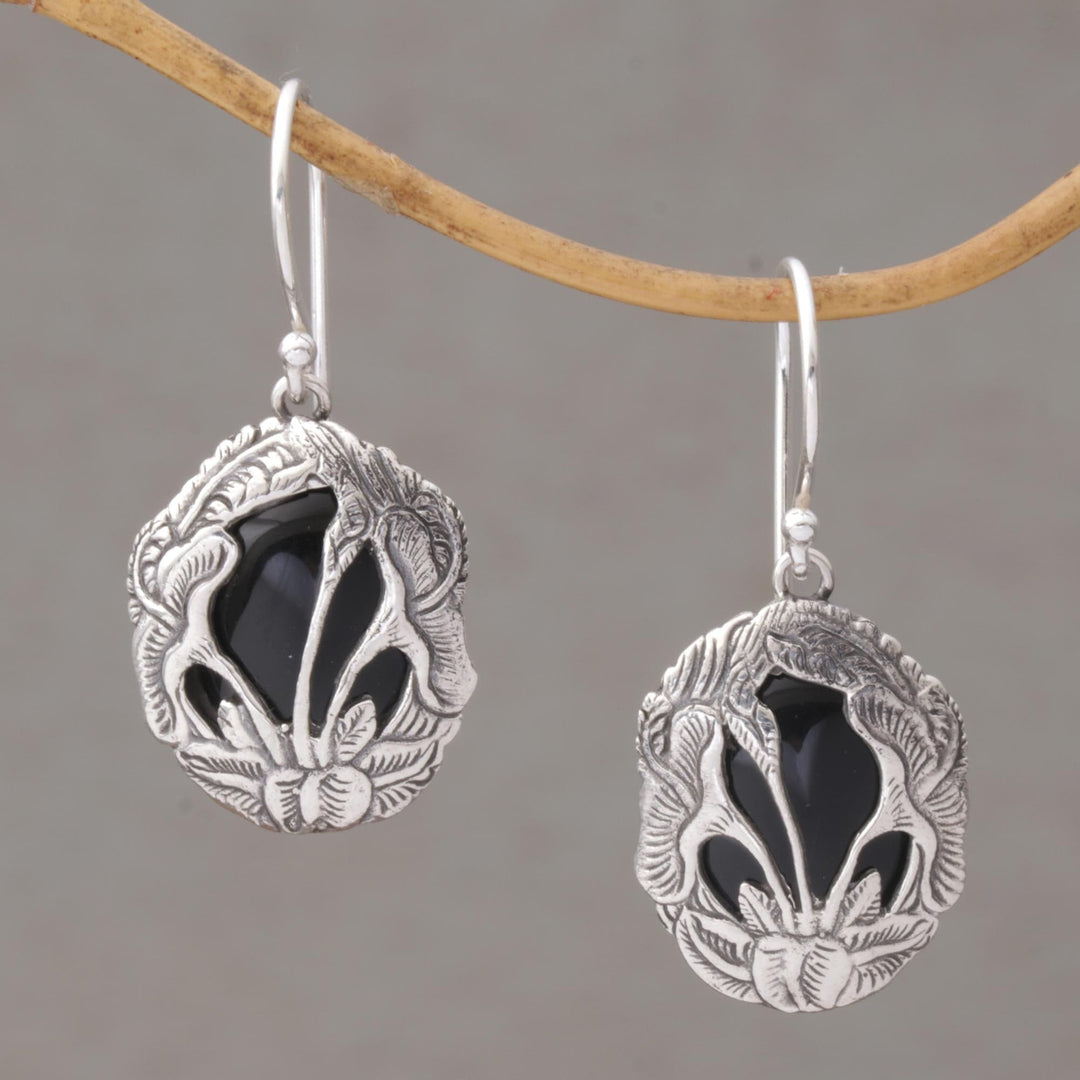 Onyx and Sterling Silver Calla Lily Dangle Earrings - Floral Plains