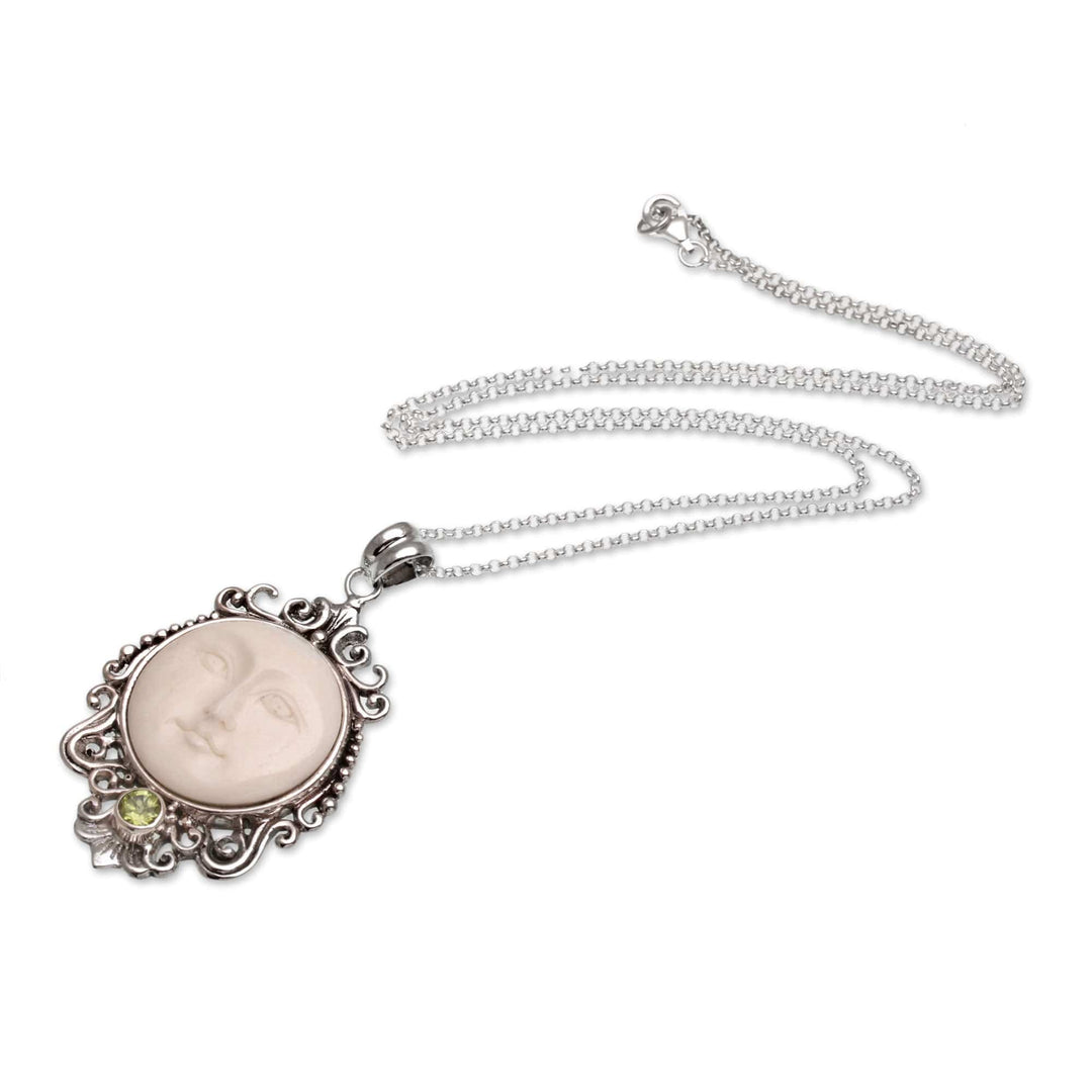 Peridot and Bone Moon Pendant Necklace - Moonlight Stare