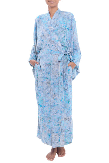 Green and Blue Batik Print Long Sleeved Rayon Robe with Belt - Ubud Grove