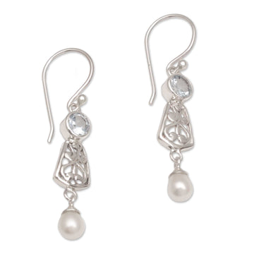 Hook Earrings with Blue Topaz and Cultured Pearl - Gracious Offering