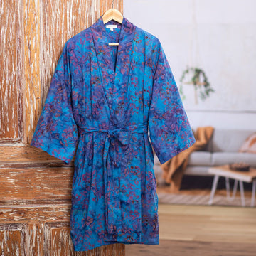 100% Cotton Artisan Batik Robe - Moonlit Blossoms