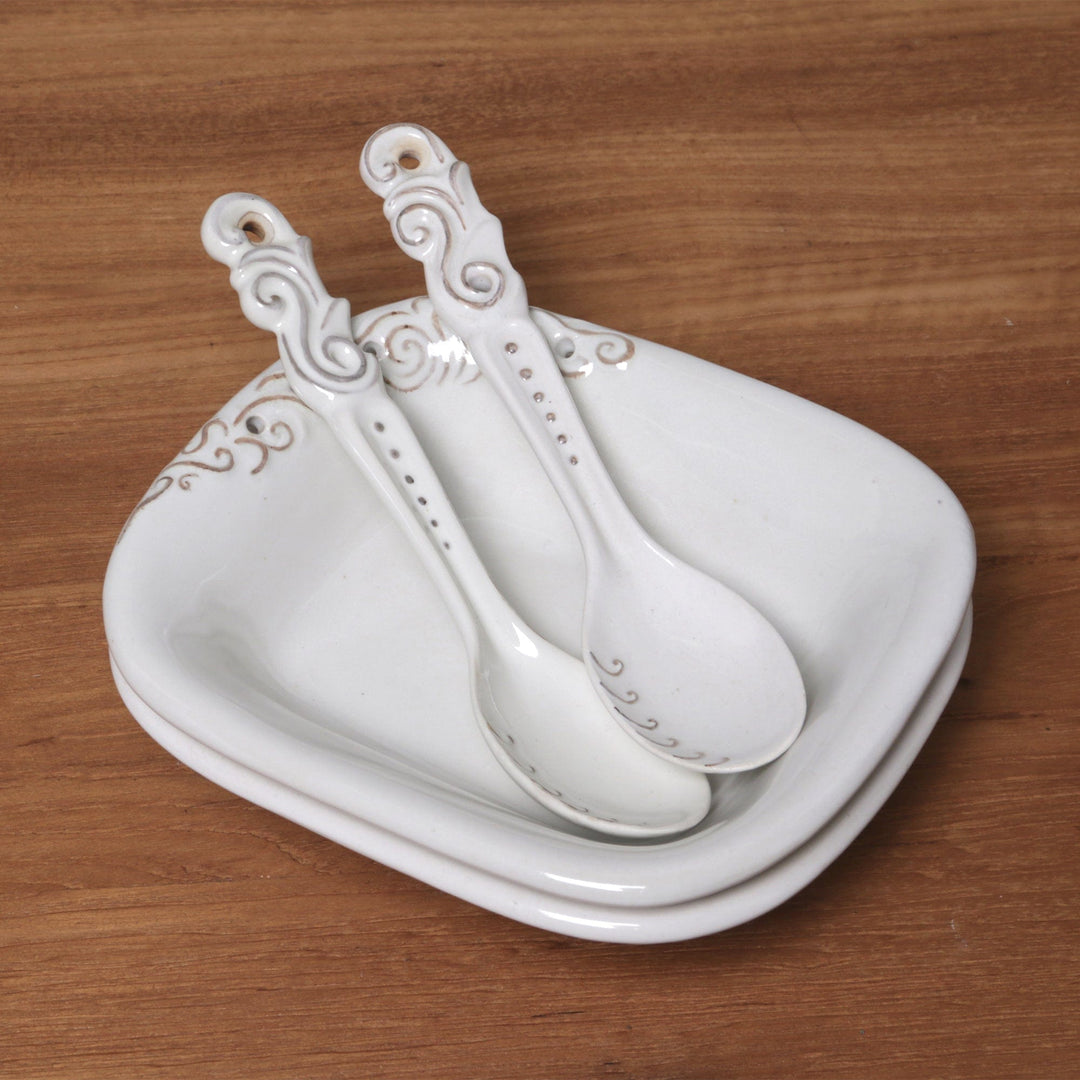 White Ceramic Pair of Bowls and Spoons (4-Piece Set) - Keraton Vessel in White