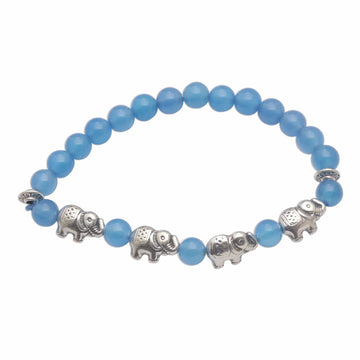 Agate and Sterling Silver Beaded Stretch Bracelet - Elephant Cavalcade in Blue