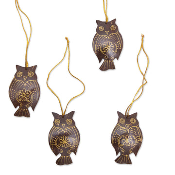 Coconut Shell Owl Figure Ornaments - Set of 4 - Hanging Owls