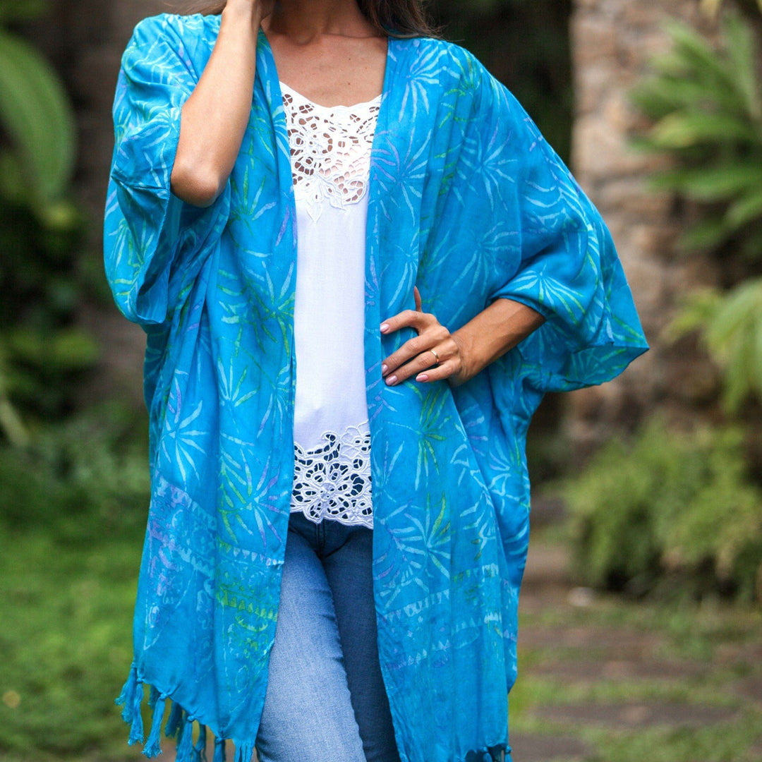 Turquoise Hand Batik Bamboo Leaf Motif Rayon Kimono Jacket - Under the Palms