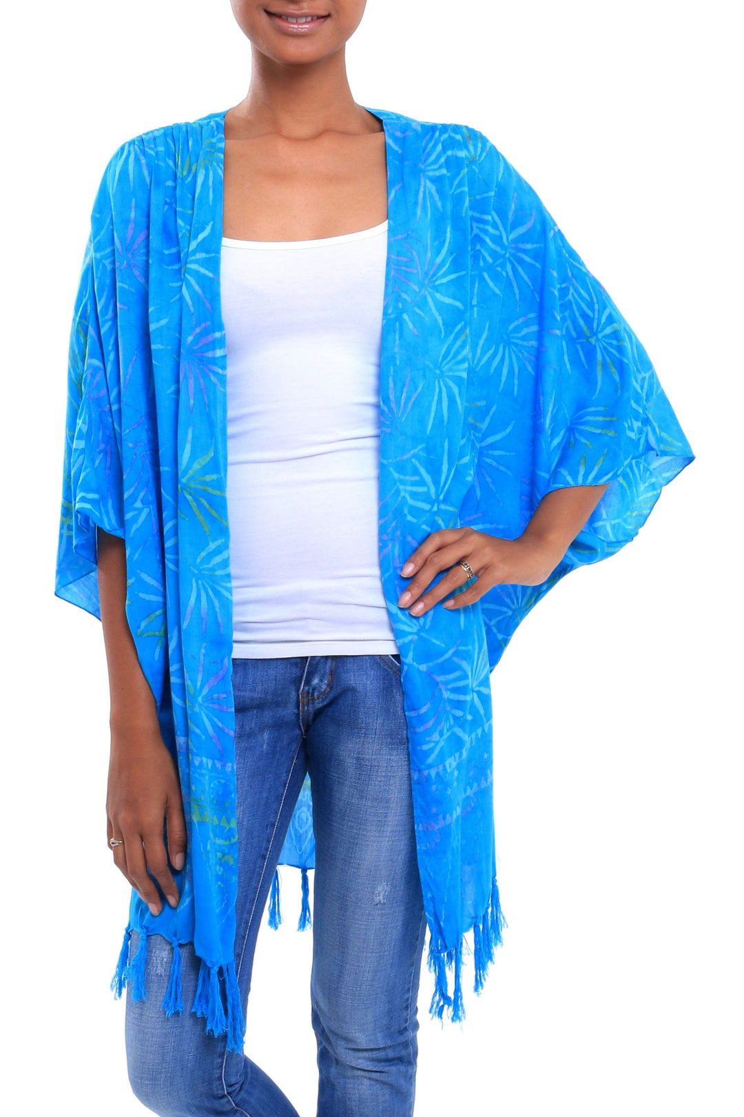 Turquoise Hand Batik Bamboo Leaf Motif Rayon Kimono Jacket - Under the Palms