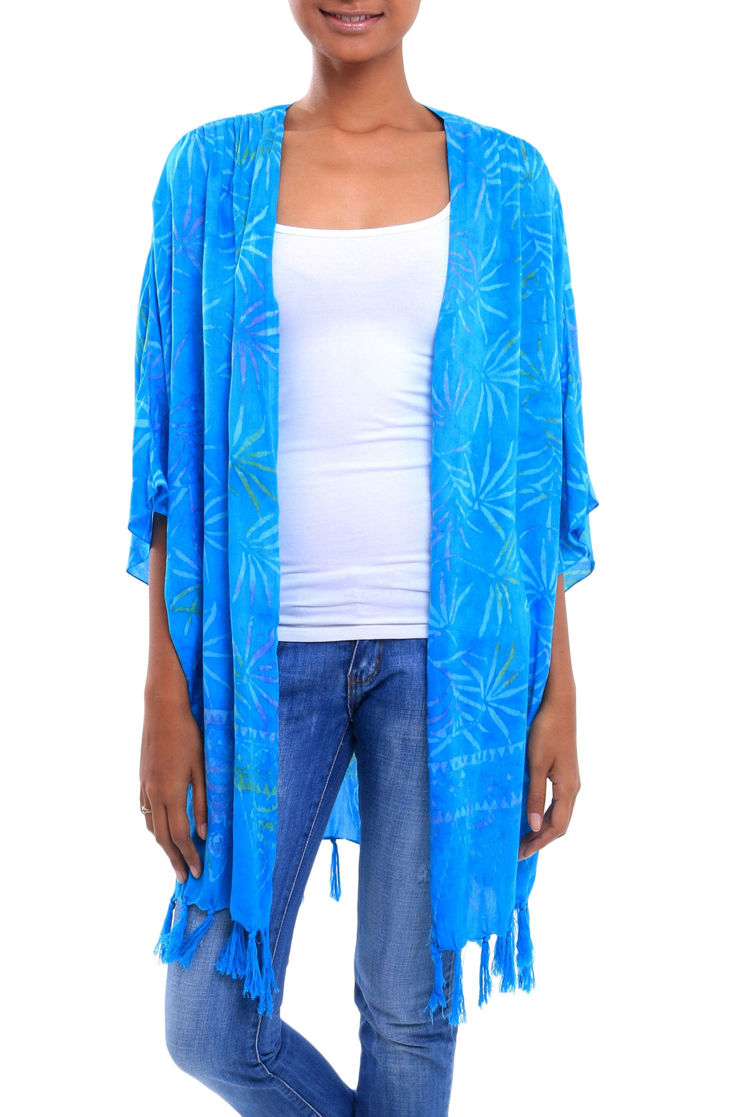 Turquoise Hand Batik Bamboo Leaf Motif Rayon Kimono Jacket - Under the Palms