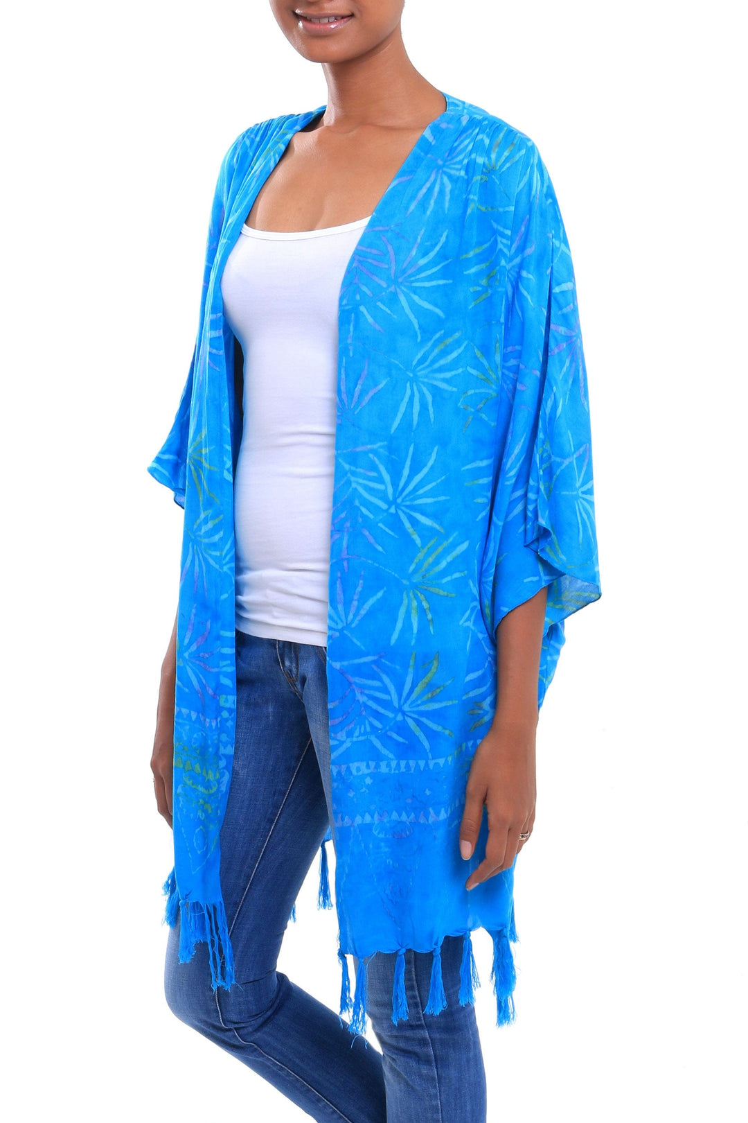 Turquoise Hand Batik Bamboo Leaf Motif Rayon Kimono Jacket - Under the Palms