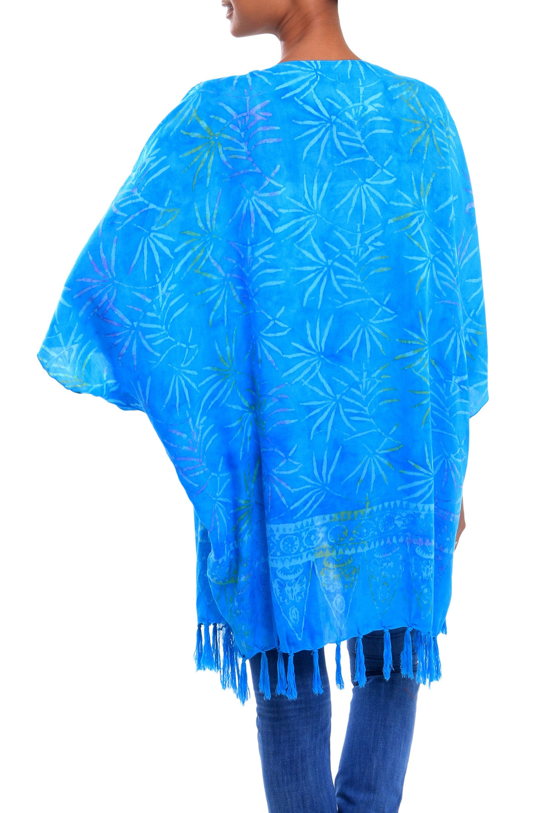 Turquoise Hand Batik Bamboo Leaf Motif Rayon Kimono Jacket - Under the Palms