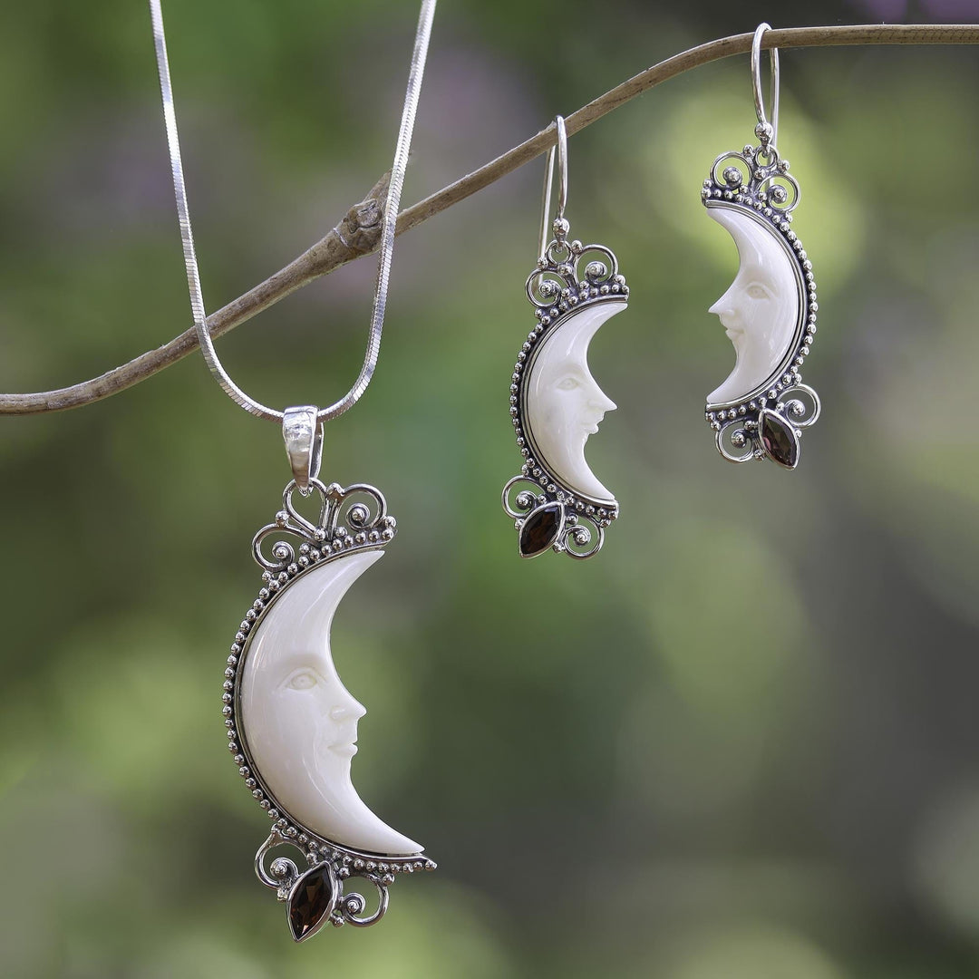 Garnet and Bone Crescent Moon Pendant Necklace - Natural Moonlight