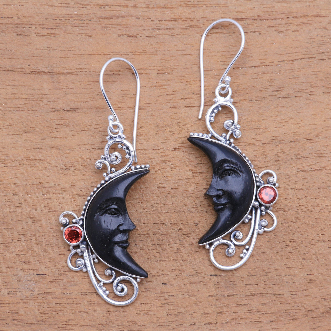 Garnet and Black Horn Crescent Moon Dangle Earrings - Face of Midnight