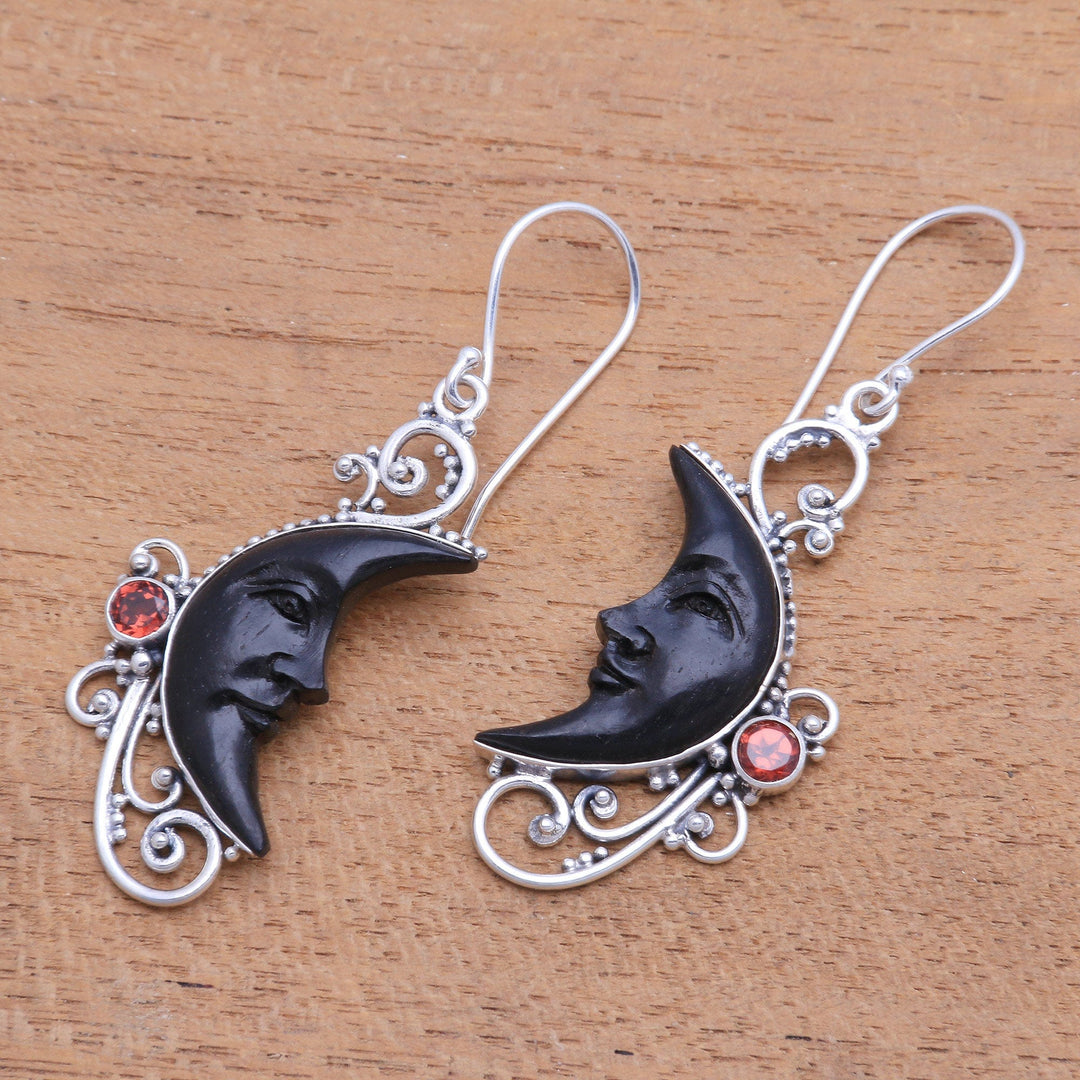 Garnet and Black Horn Crescent Moon Dangle Earrings - Face of Midnight