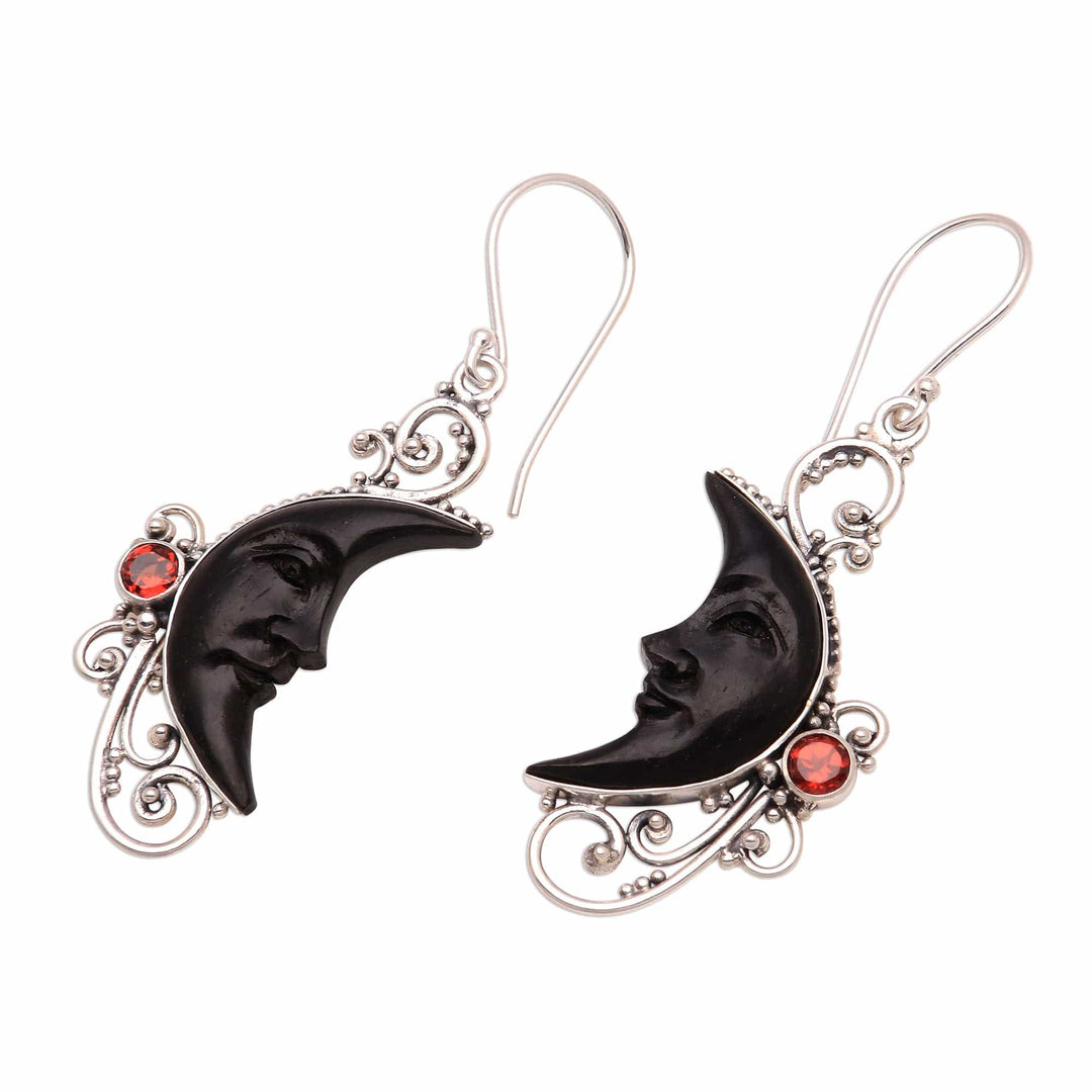Garnet and Black Horn Crescent Moon Dangle Earrings - Face of Midnight