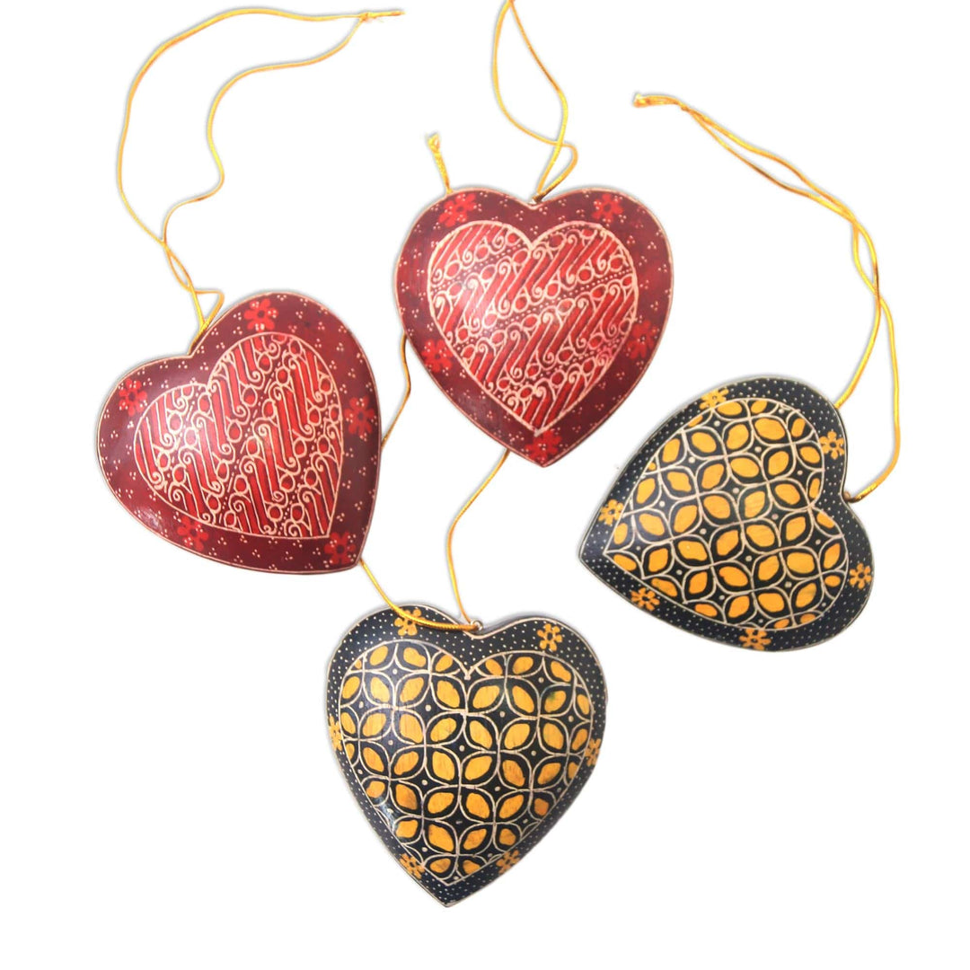 Traditional Batik Wood Heart Ornaments (Set of 4) - Traditional Hearts