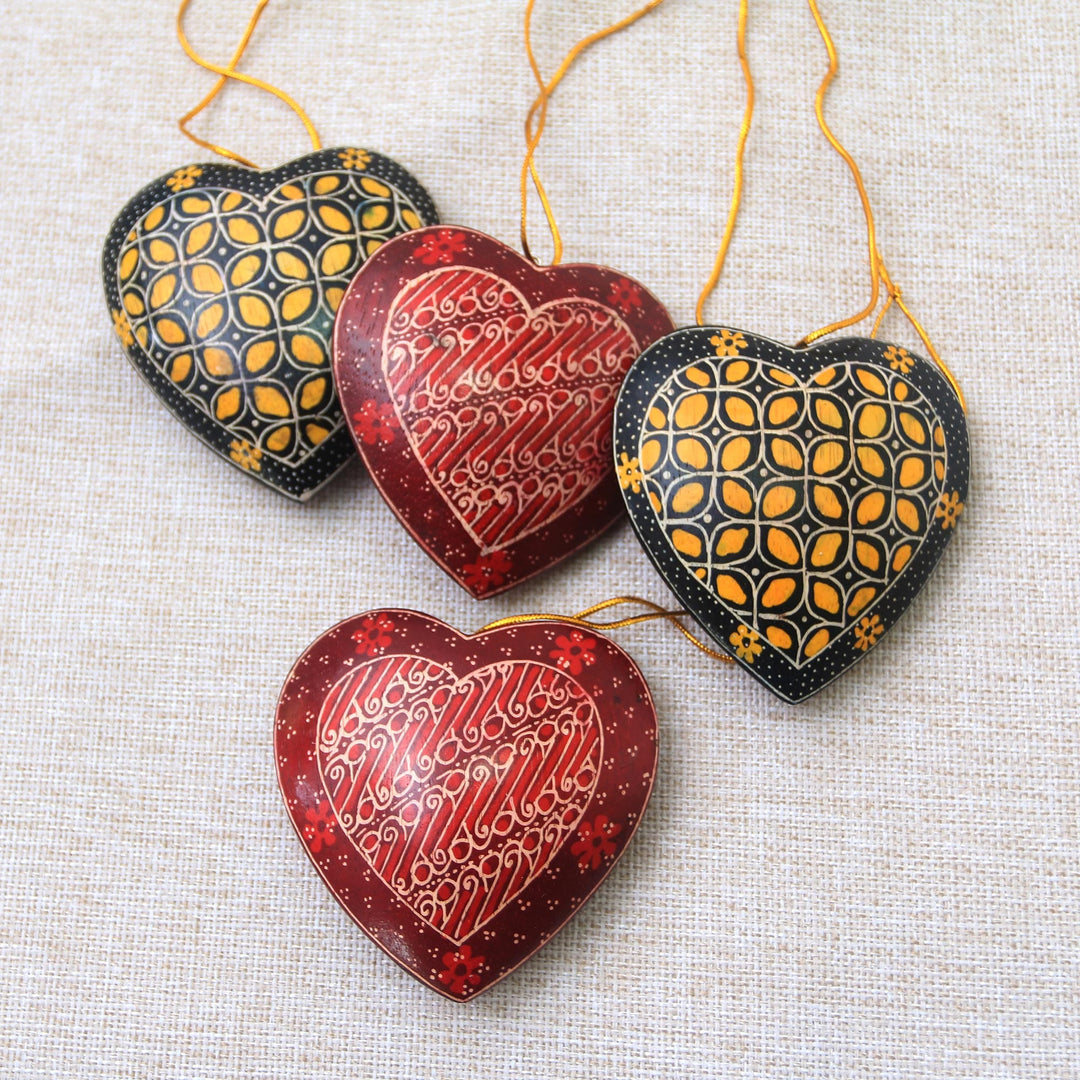 Traditional Batik Wood Heart Ornaments (Set of 4) - Traditional Hearts