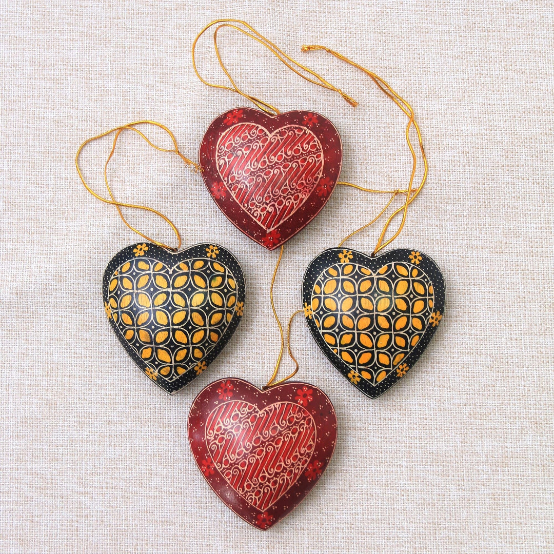 Traditional Batik Wood Heart Ornaments (Set of 4) - Traditional Hearts
