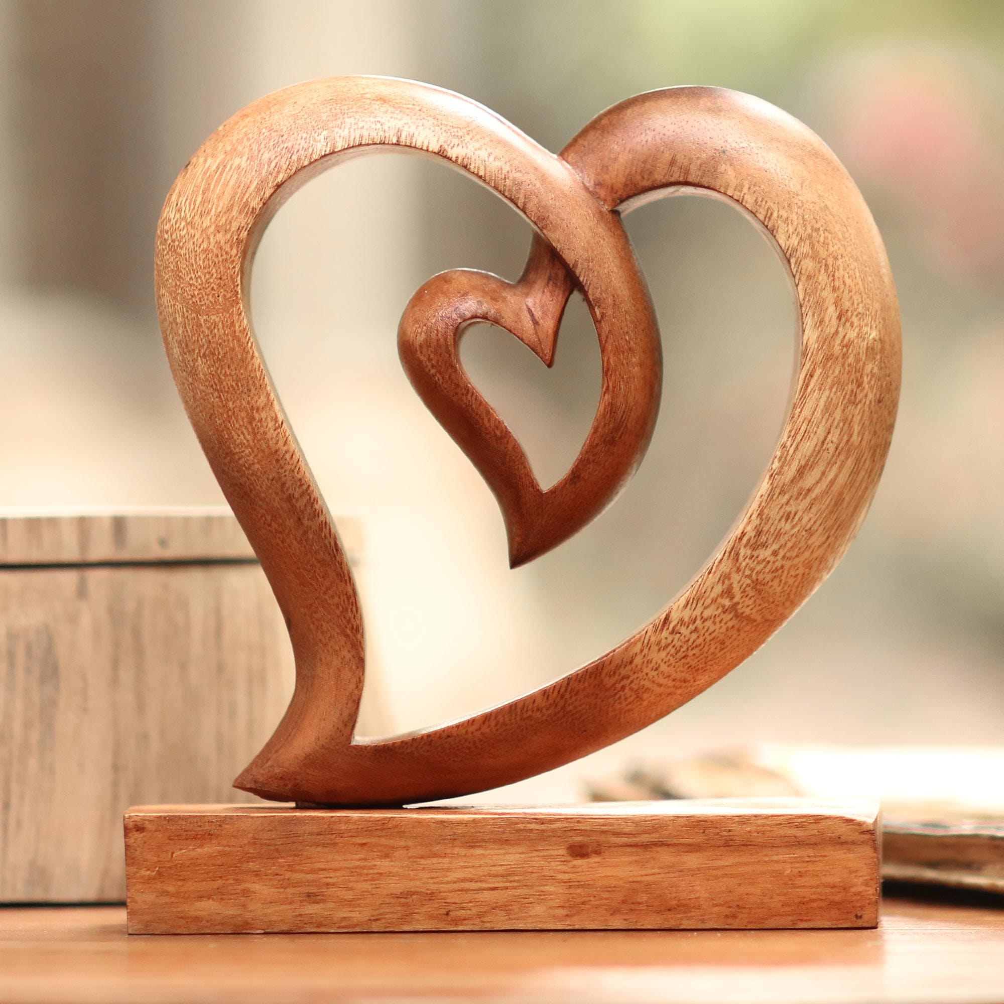 Hand Carved Suar Wood Heart Sculpture - Valentine Edition