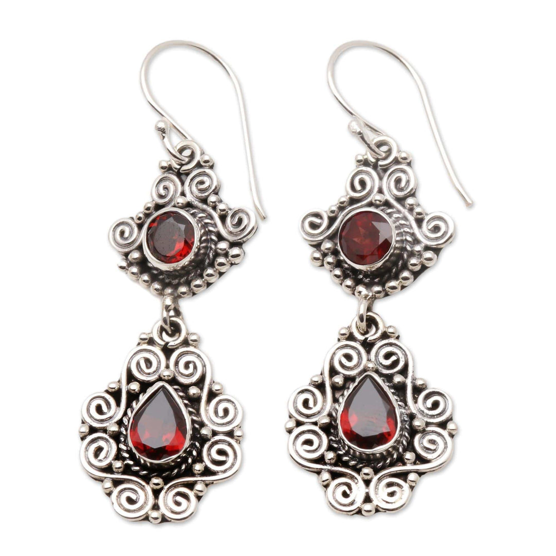 Sterling Silver and Garnet Dangle Earrings - Garden Charm