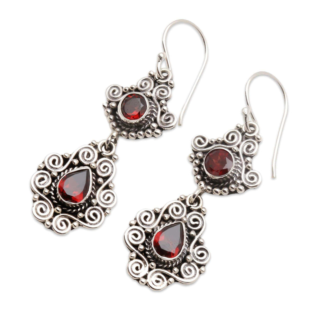 Sterling Silver and Garnet Dangle Earrings - Garden Charm