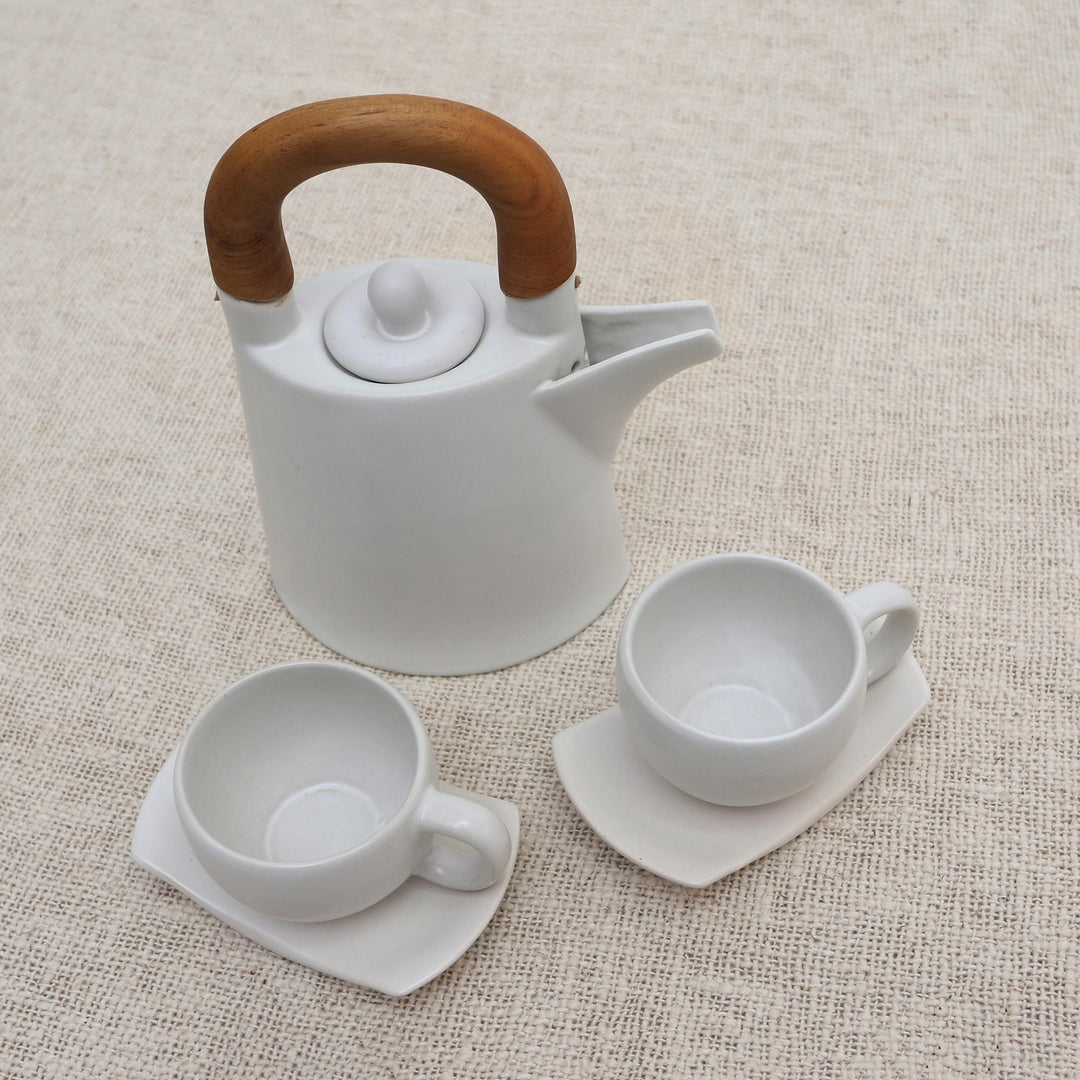 White Ceramic and Wood Tea Set for Two (5 Pcs) - Midday Cup