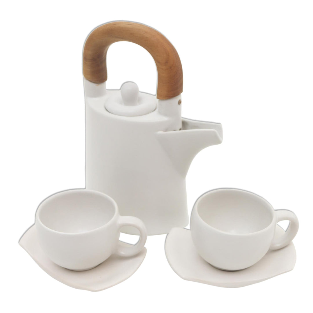 White Ceramic and Wood Tea Set for Two (5 Pcs) - Midday Cup