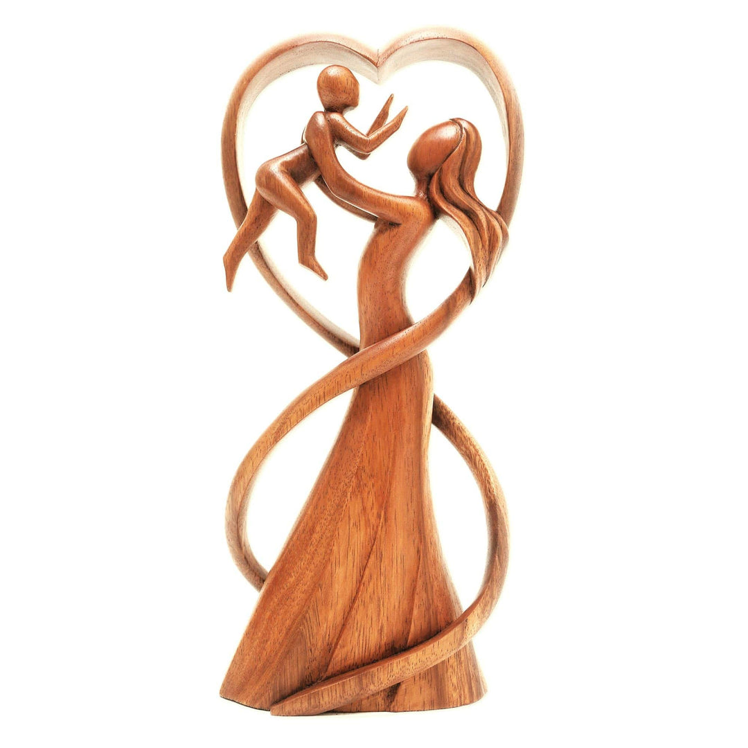 Hand Carved Suar Wood Mother and Child Statuette - Reunion
