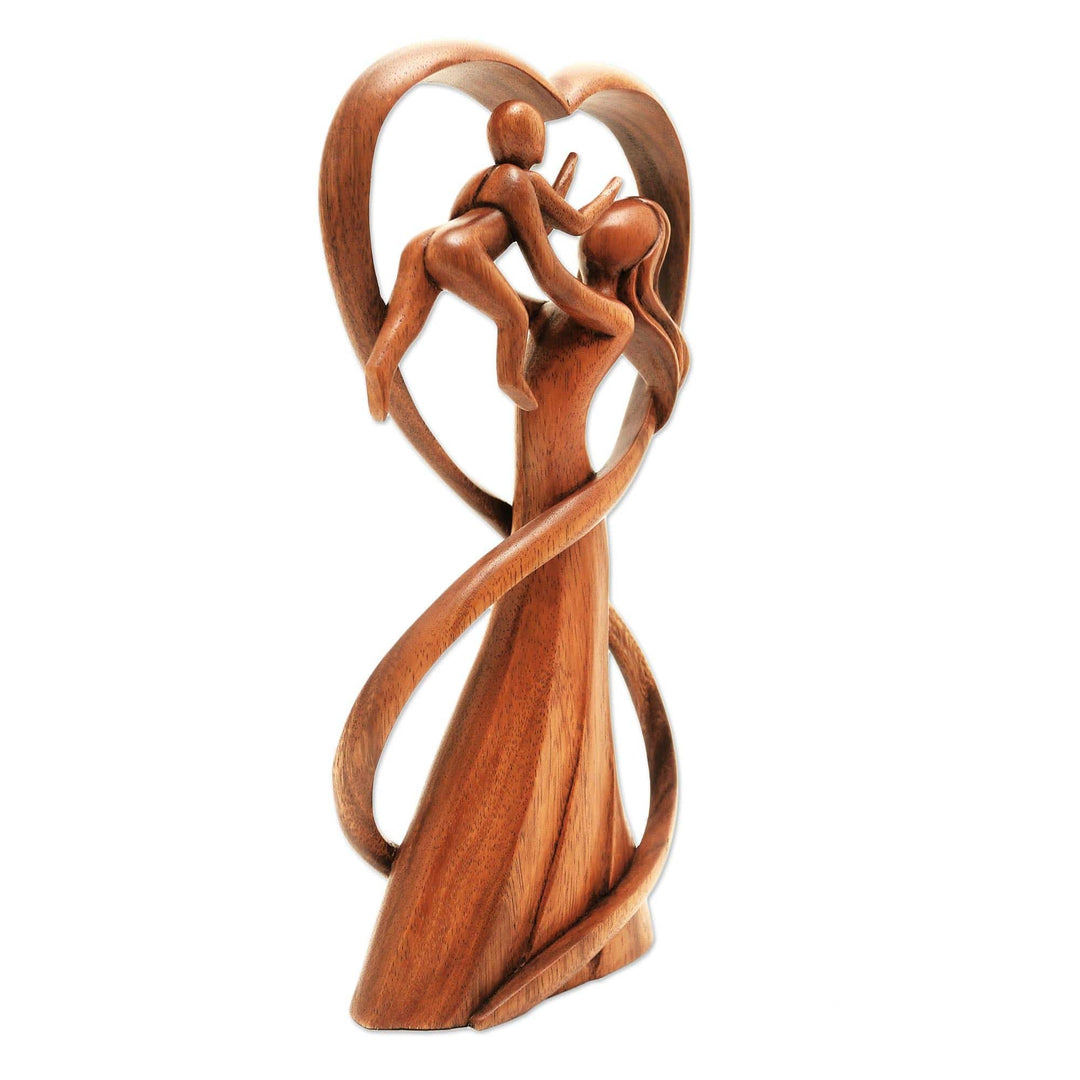 Hand Carved Suar Wood Mother and Child Statuette - Reunion