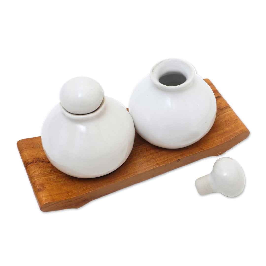 White Ceramic and Teak Wood Bathroom Set - Splendid Bath in White