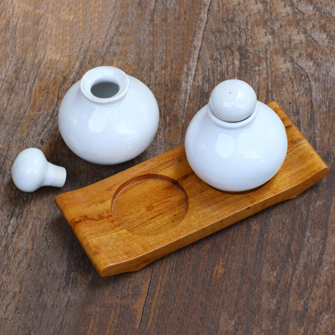 White Ceramic and Teak Wood Bathroom Set - Splendid Bath in White