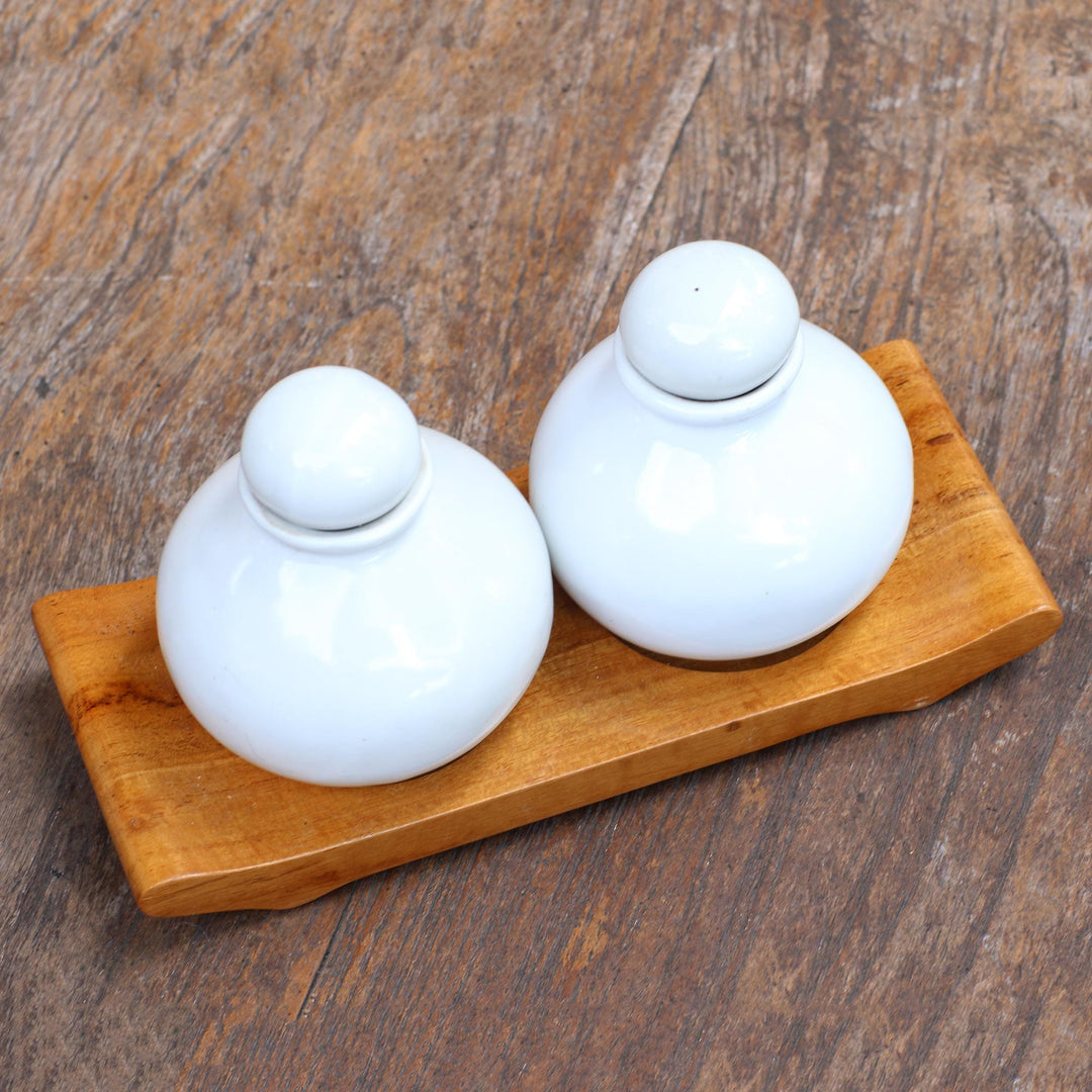 White Ceramic and Teak Wood Bathroom Set - Splendid Bath in White