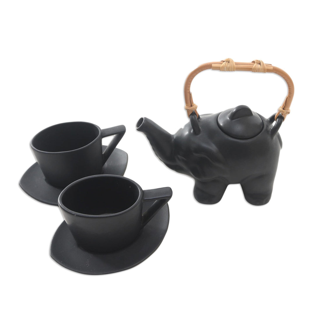 Black Ceramic and Bamboo Elephant Tea Set (5 Pcs) - Tea with Elephants