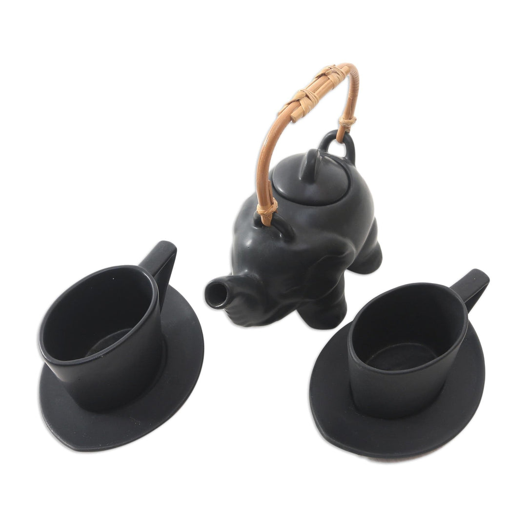 Black Ceramic and Bamboo Elephant Tea Set (5 Pcs) - Tea with Elephants