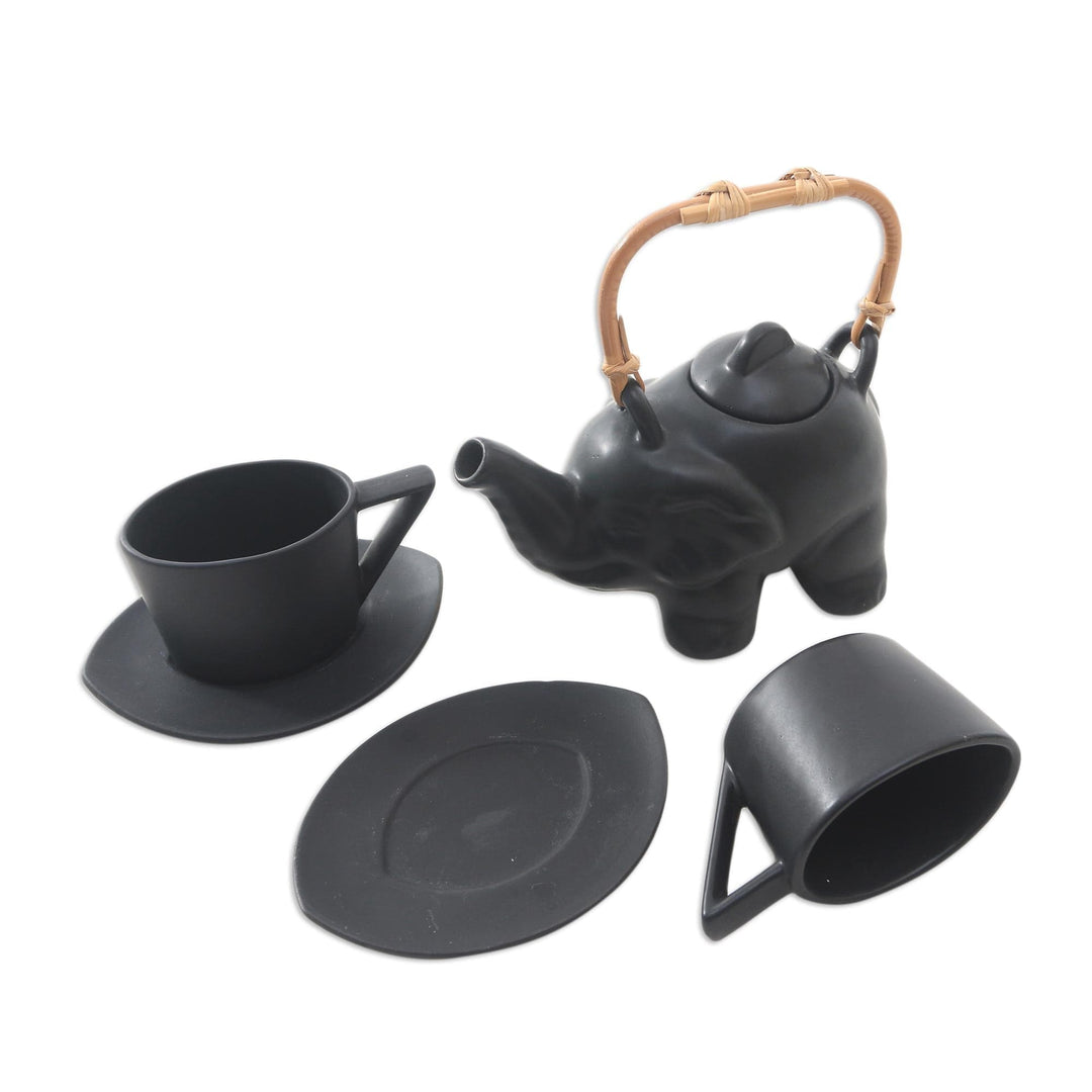 Black Ceramic and Bamboo Elephant Tea Set (5 Pcs) - Tea with Elephants