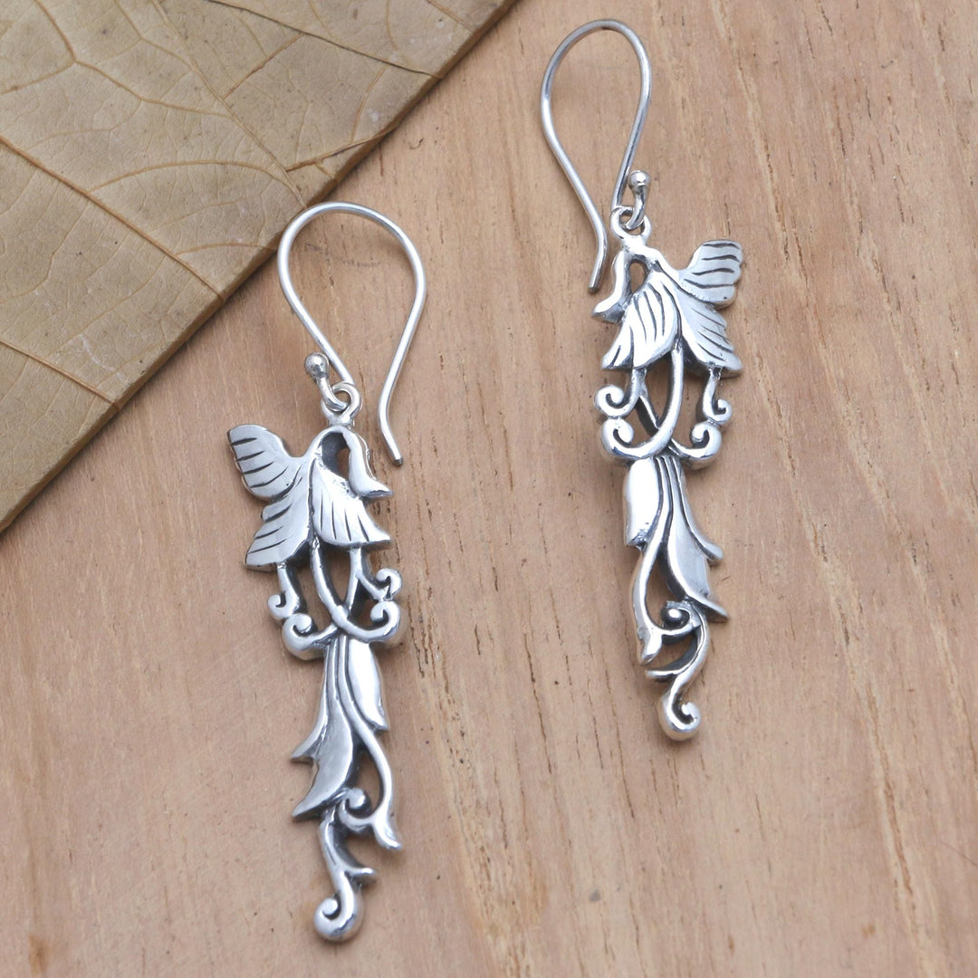 Sterling Silver Dangle Earrings with Floral Motif - Shimmering Tendrils