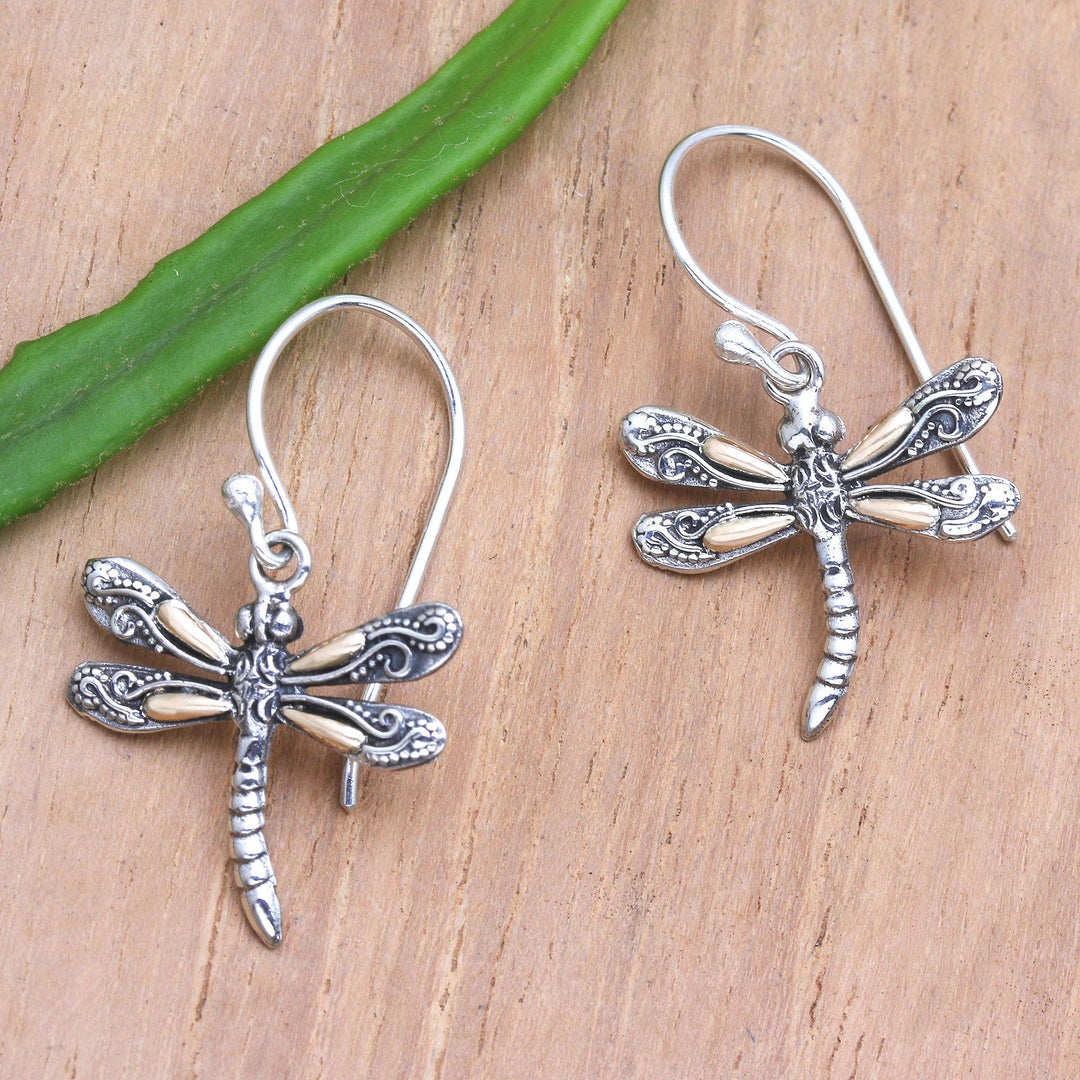 Gold Accented Sterling Silver Dragonfly Earrings - Shimmering Wings